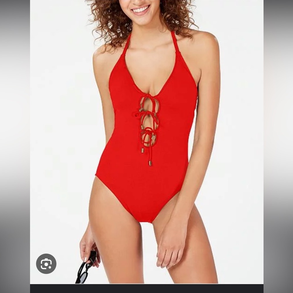 Red tie front La Blanca one piece sexy one piece halter